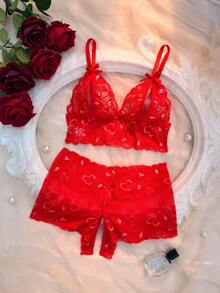 AESKEIA Pink Lace Sexy Set, Women's Open Bust Bra And Open Crotch Panty Set, Erotic Sexy Lingerie, Christmas Valentine's Day New Year Gift - Red - View 1