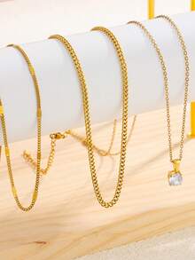 1 Set 3pcs French Minimalist Luxury Stainless Steel Gold Pendant Necklace Set, Suitable For Women's Daily Commute, Party, Gathering, Versatile Layering Accessory - Gold - View 4