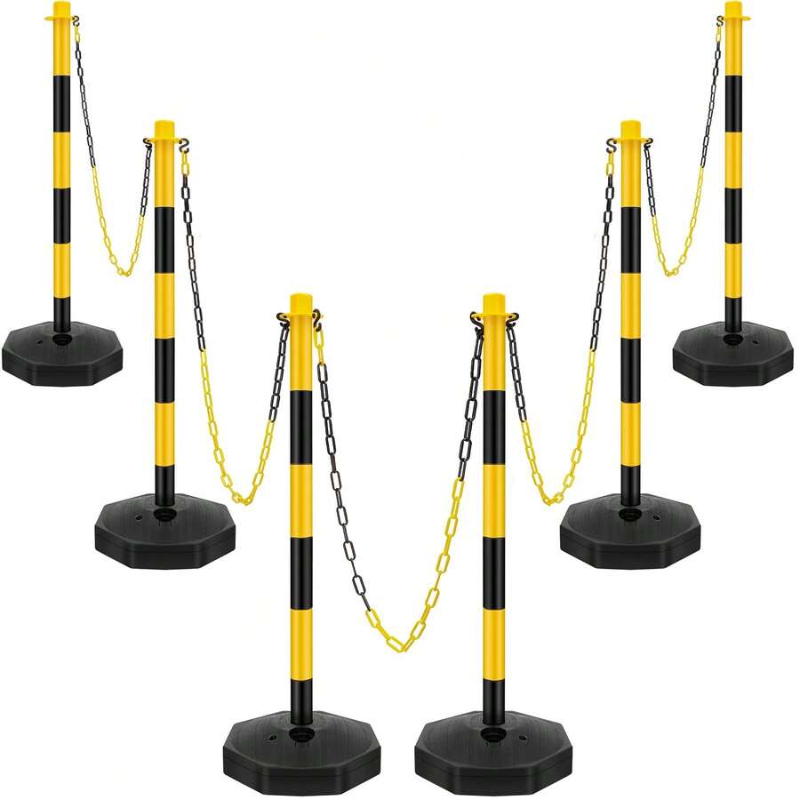 6 Portable Adjustable Traffic Delineator Post Cone Kits For Outdoor And Indoor Use With Chains And Refillable Base For Traffic Control Warning, Parking - YELLOW - View 1