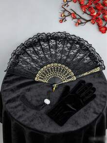 1pc Oriental Black Lace Folding Hand Fan With Tassels, Perfect Match For Hanfu And Cheongsam, Stage Performance, Photo Decoration, Hand Fan, Wedding Decoration, Adult Party Gift, Folding Fan, Witchcraft Supplies - Multicolor - View 7