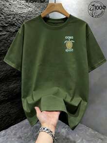 Y2K Retro Turtle Print Unisex Crew Neck Tee, 220gsm Combed Cotton Drop Shoulder Summer Streetwear Festival Top - 軍綠色 - 查看 2
