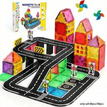 48/98pcs Magnetic Building Tiles Toy Set, Medium Size Road Tracks With Mini Cars And Windows, Creative Magnetic Blocks For Boys And Girls Birthday/Holiday Gift, Random Colors - Multicolor - View 2