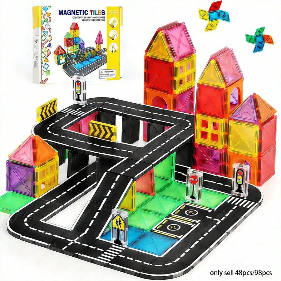 48/98pcs Magnetic Building Tiles Toy Set, Medium Size Road Tracks With Mini Cars And Windows, Creative Magnetic Blocks For Boys And Girls Birthday/Holiday Gift, Random Colors