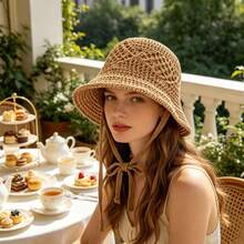 Women Crochet Bucket Hat Solid Color Cutout Breathable Knitted Beach Hat Sun Hat Spring Summer Bucket Caps - 卡其色 - 查看 6