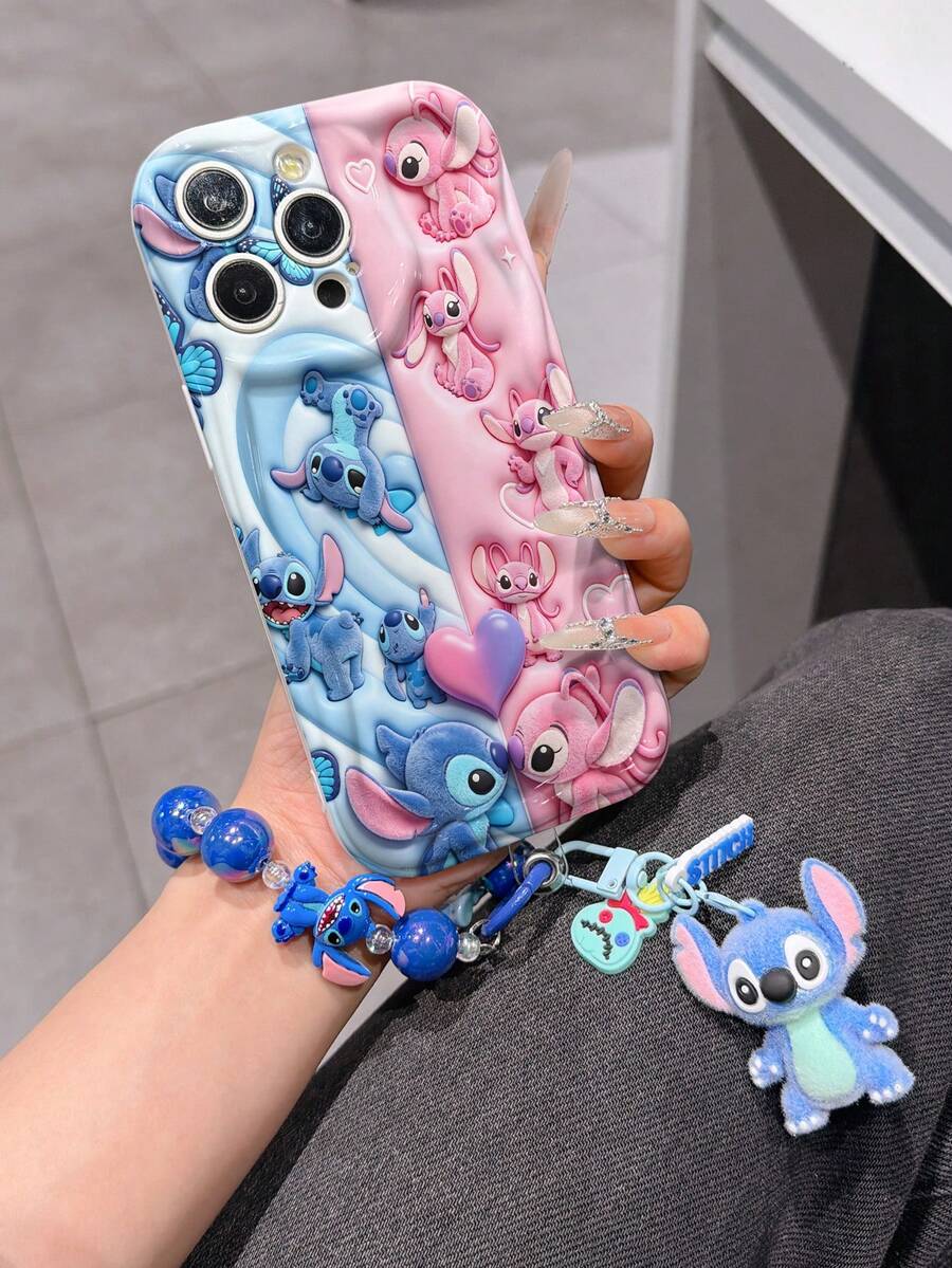 Disney Has Authorized, Phone Case - Chain Set, The Stitch Lilo & Stitch 3D Phone Case Plus A Silicone 3D Stitch Bracelet With Metallic Ring Removable Bracelet, Stitch And Angel Pattern, Compatible With Iphone17/16/15/14/13/12/11/XS/XR/X Plus Pro Max, A Stylish Cartoon Phone Case, The Perfect Gift Choice, Phone Protection, Durable Phone Cover, Great Gift For Friends And Family. - trắng - Xem 1