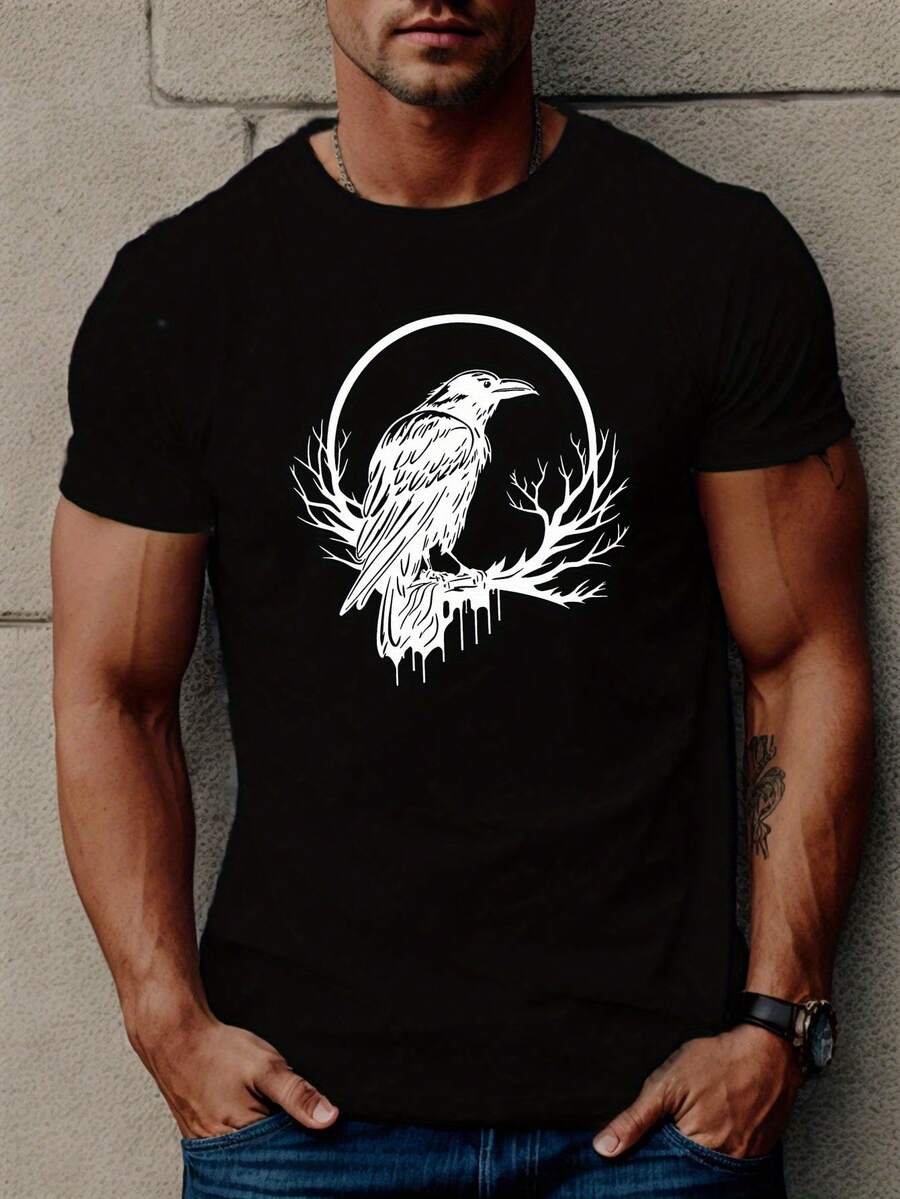 Camiseta de manga corta con diseño de cuervo para hombre para el verano - Negro - Ver 1