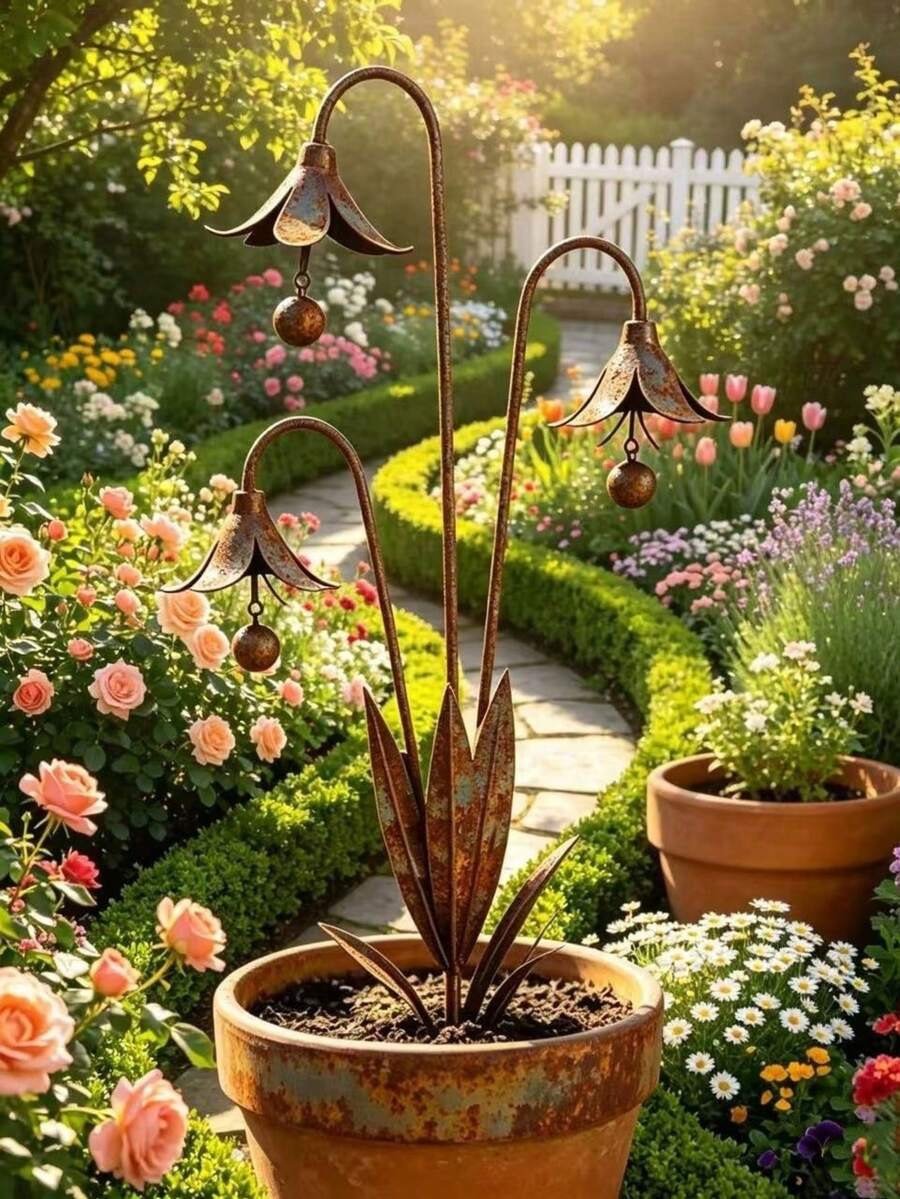 Vintage Iron Bluebell Flower Pot Stake, Rustic Decor For Garden, Versatile For Various Garden Scenes, Unique And Durable Design For Yard Landscaping And Scene Decoration - Bluebell - View 1