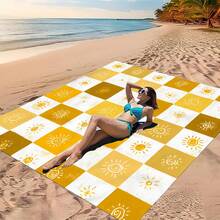 1 Stück Oversized warme Sonne Schachbrett handgemaltes Sonnenmuster, warmes Gelb und Beige verflochtenes Schachbrett, handgemalte Sonnenmotive zufällig angeordnet, weiche und rustikale Pinselstriche, voller heilender sonniger Stimmung, großartig zum Erzeugen einer Vintage-Atmosphäre, tragbare faltbare Strandmatte für den Außenbereich, wasserdichte sandfeste Picknickmatte, verdickte verschleißfeste feuchtigkeitsbeständige Rasenmatte, leicht und einfach zu verstauen - Verschiedenfarbig - Übersicht 8