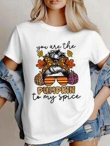 Camiseta estampada de oto?o con estampado de calabaza y especias para mujer, primavera, tejido premium, cuello redondo, corte holgado, cómoda, informal. - Blanco - Ver 1