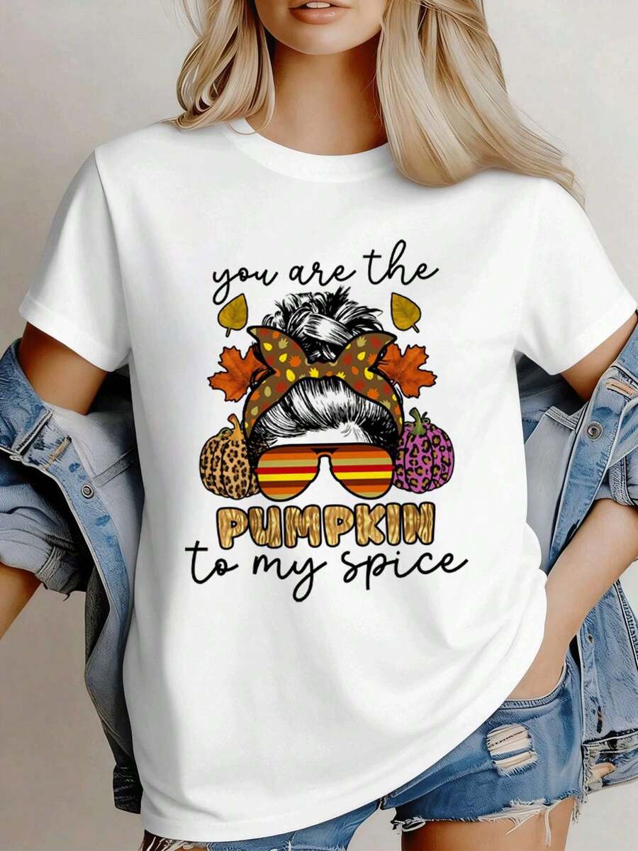 Camiseta estampada de oto?o con estampado de calabaza y especias para mujer, primavera, tejido premium, cuello redondo, corte holgado, cómoda, informal. - Blanco - Ver 1
