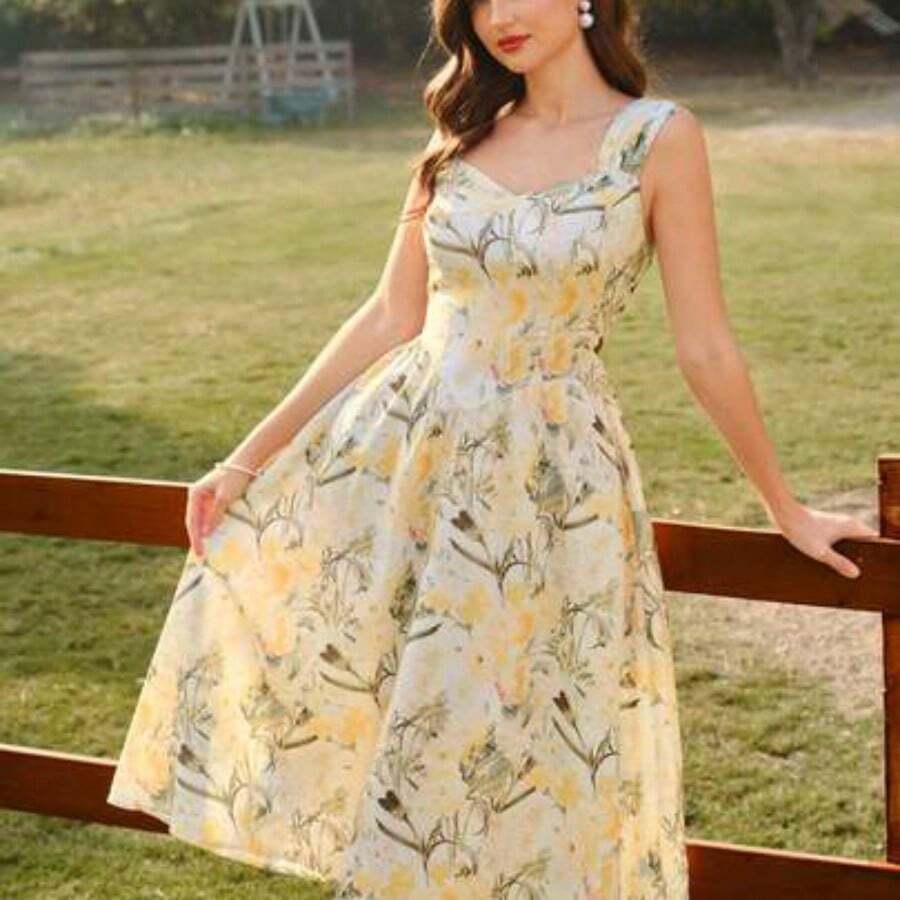 Vestido elegante vintage de mujer con bolsillos, vestido con estampado floral, cuello en forma de corazón, vestido casual de vacaciones - Amarillo - Ver 1