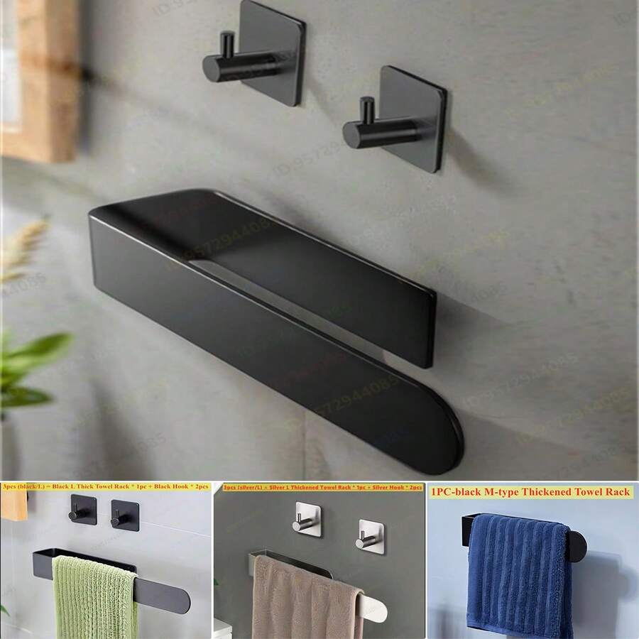 Baofeng Kệ treo khăn tự dính cho phòng tắm, móc treo tường, kệ treo khăn lau bát màu đen mờ, không cần khoan, thanh treo khăn tay hiện đại bằng thép không gỉ, móc treo khăn tay, phụ kiện phòng tắm, kệ lưu trữ và sắp xếp phòng tắm, trang trí nhà cửa, phụ kiện phòng tắm màu bạc