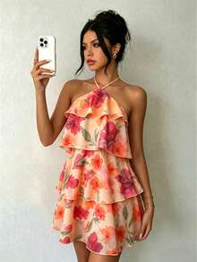 Vestido elegante de verano con estampado floral, cuello halter y volantes en el bajo para mujer - Naranja Coral - Ver 6