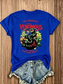 Double Sided Graphic Women's T-Shirt, Red Venomous Snake Floral Print, Classic Americana 100% Cotton Unisex Tee, Casual Everyday Summer Top - 藍色 - 查看 2