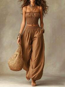Relaxed Two-Piece Set For Lounging And Travel, Very Popular - Khaki - View 1