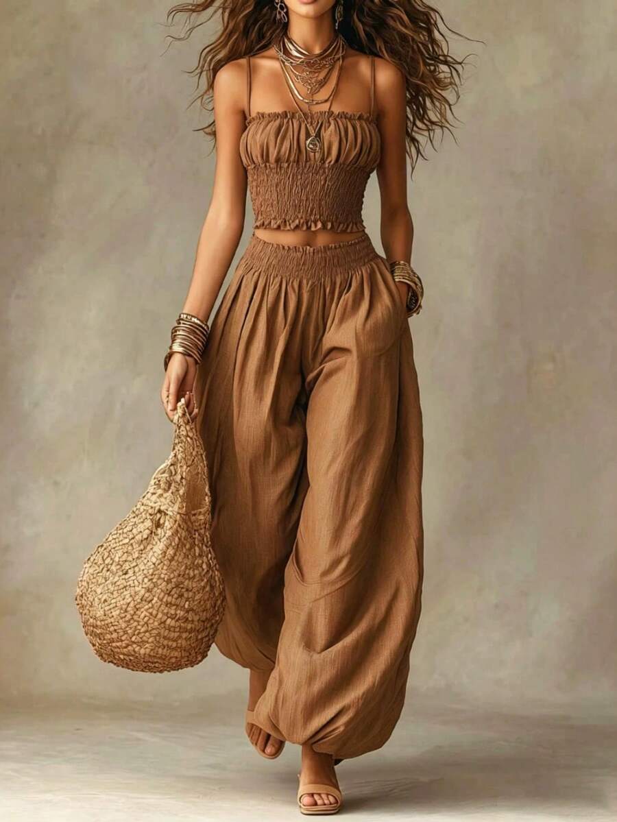Relaxed Two-Piece Set For Lounging And Travel, Very Popular - Khaki - View 1