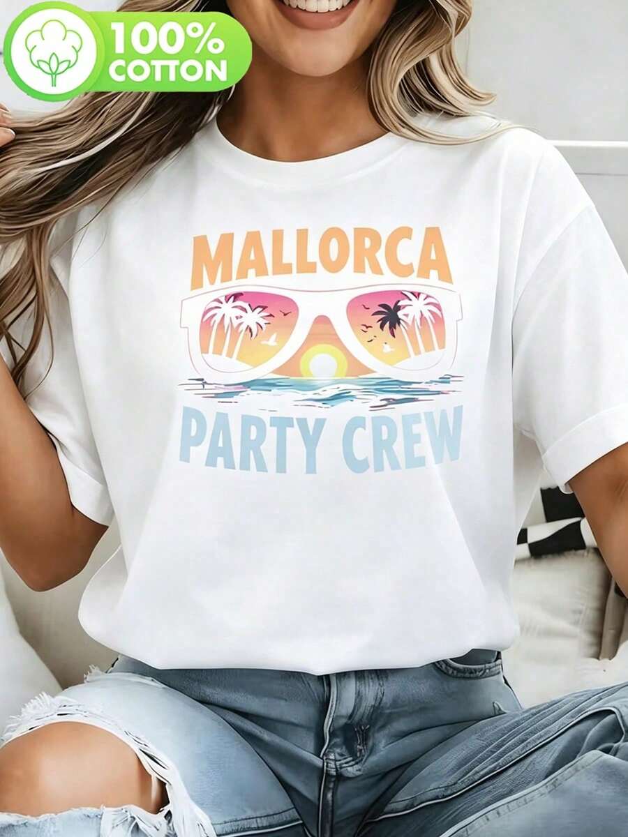Kortärmad T-shirt för kvinnor med grafiskt tryck, rund hals, mjukt och luftigt tyg, olika storlekar, tvättbar, perfekt för vardagsbruk och sommar. - Vitt - Visa 1
