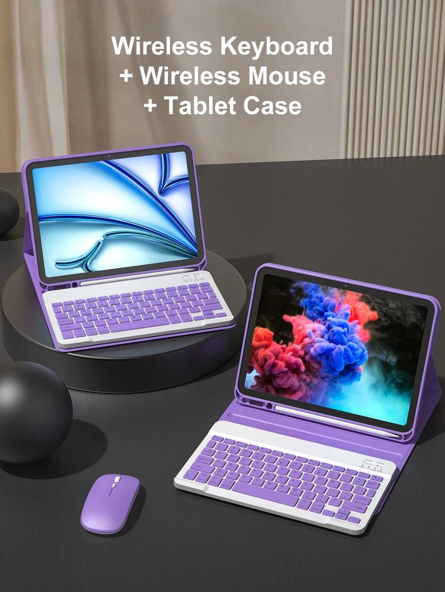 Wireless Keyboard Mouse Set For IPad A16 11th/10th, 9th/8th/7th 10.2", Air 10.9", 11", Pro 11", Includes PU Leather Tablet Case, Detachable Wireless Keyboard (150mAh Battery) And Pen Slot, Lavender Purple