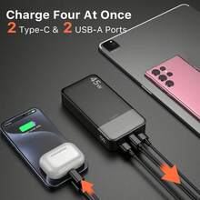 JUOVI Power Bank Portable Charger, 20000mAh (Contains Two 10,000mAh Batteries) 45W PD3.0 0c 4.0 Fast Charging Battery With LED Indicator, 2 USB-C, 2 USB-A For Phone 15, Black - 黑色 - 查看 4