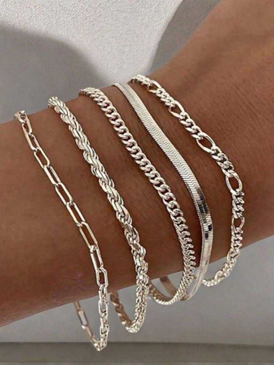 Juego de 5 pulseras vintage punk, combinación de cadena de metal, cuerda, diseño de serpiente y trenzado, pulsera multicapa, para uso diario - Plateado - Ver 1