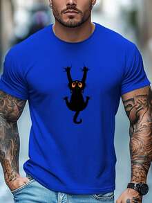 Camiseta Casual para Hombre con Estampado de Gato de Dibujos Animados |   Cuello Redondo, Tela Ligeramente Elástica, Corte Regular, Temporada de Verano - Blanco - Ver 11