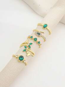 5PCS Fashion Versatile Faux Emerald Snake-Shaped Rhinestone Ring Set, Multi- Butterfly & Teardrop Rhinestone Rings For Women - Gold - View 2