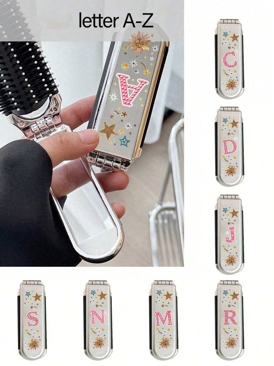 1pc 2-In-1 Foldable Makeup Mirror, Retro Creative Star & Letter Design, Foldable Portable Mini Comb With Mirror, Fashionable Beauty Tool For Travel, Gift, Dual-Use Air Cushion Comb, Scalp Massage Hair Brush, Suitable For Travel And Gift - Multicolor - View 1
