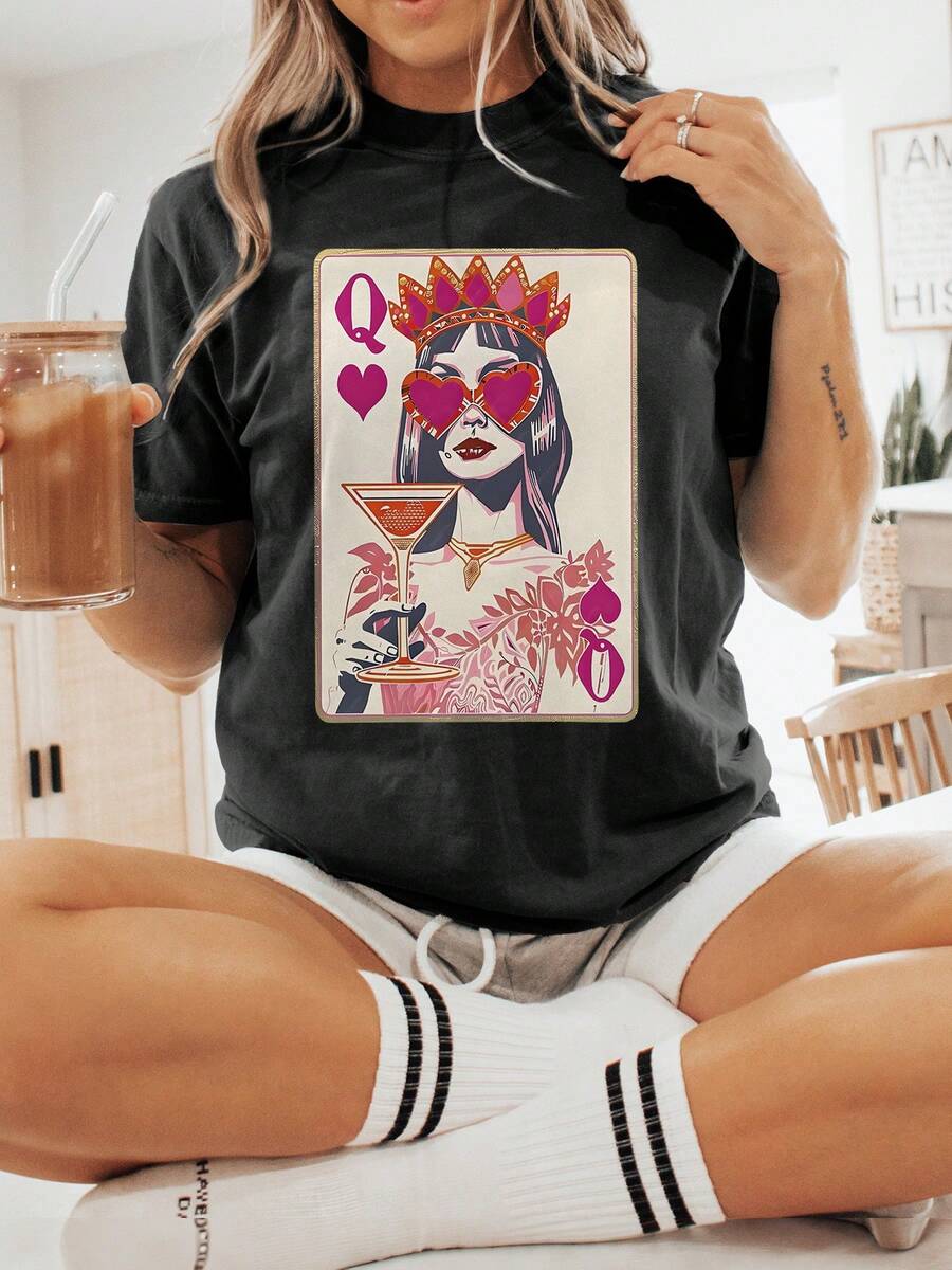 Graphic Print T-Shirt, Casual Short-Sleeved, Round-Neck Top For Summer And Spring, Women's Clothing - Black - View 1