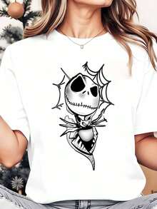 Disney Jack Skellington Spider Web Women's Round Neck Shirt Summer Tops Comfortable O-Neck T Shirt Fashion Casual Women Clothes - 白色 - 查看 1