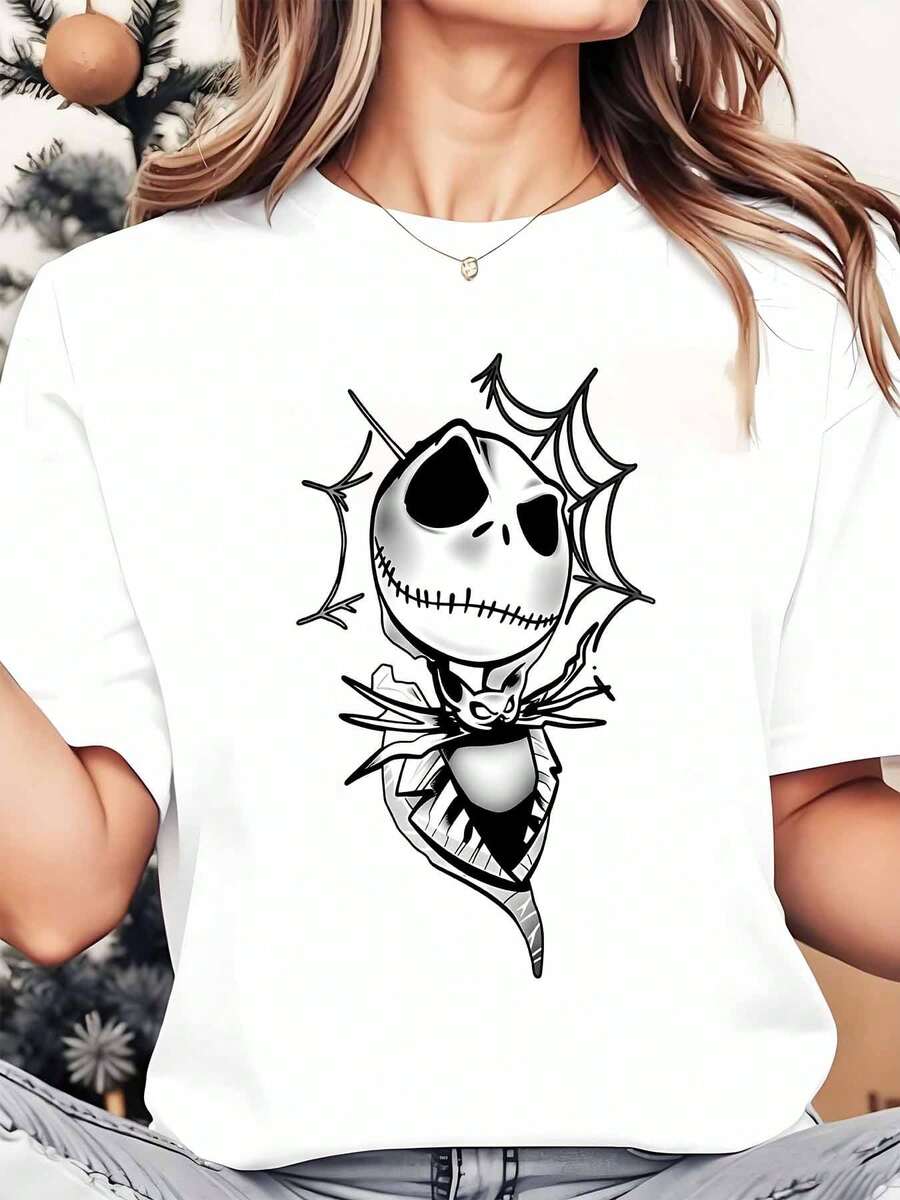 Disney Jack Skellington Spider Web Women's Round Neck Shirt Summer Tops Comfortable O-Neck T Shirt Fashion Casual Women Clothes - 白色 - 查看 1