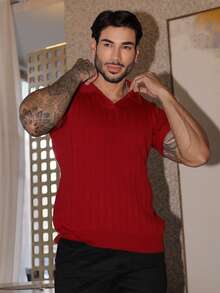 Men's Chic Lightweight Textured Knit Sweater Shirt, High Quality, Perfect For Autumn And Winter, Father's Day. - 紅色 - 查看 10