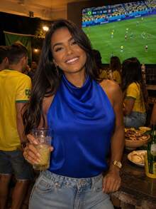Women's Satin Blouse With High Neck And Open Back, Elegant For Parties - Azul Brasil - View 2