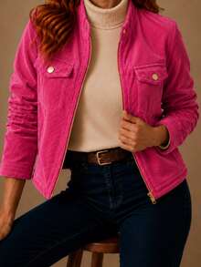 Women's Corduroy Jacket With Zipper, Casual Style, Elegant, Winter Fashion, Fluffy Velvet Zipper, Night, Vacation, School, Office, Daily. - 玫紅色 - 查看 6