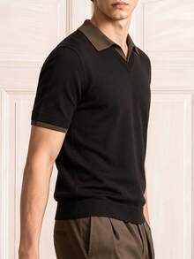 Men's Summer Black Contrast Collar Knit POLO Shirt, Luxury Wool Blend Fabric, Breathable, Old Money Style, Suitable For Gentleman Gatherings And Daily Casual Wear - Black - View 3