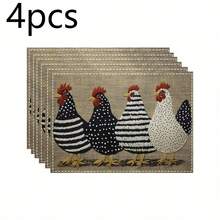 Multi-Pack Farm Chicken Placemats In 2 Styles: Red Checkered & Linen Embroidered. 100% Polyester, Non-Slip, Heat-Resistant, Easy To Clean. Ideal For Farmhouse Kitchens, Meals And Gatherings. - Multicolor - View 15