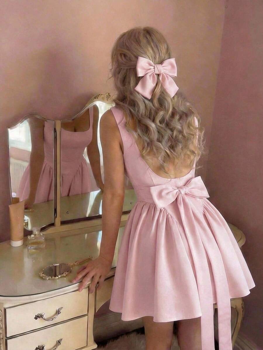 YkhahaYkhahaSkyraze Vestido mini elegante sin mangas con cuello cuadrado y plisado de unicolor para mujerYkhahaYkhaha - Rosa - Ver 1