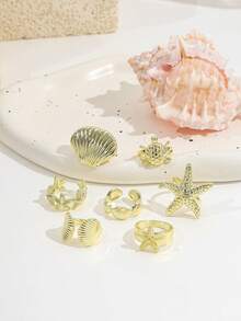 7PCS Summer Vacation Vibe Ring Set, Starfish Shell Turtle Multi- Metal Stackable Rings For Women - Gold - View 5