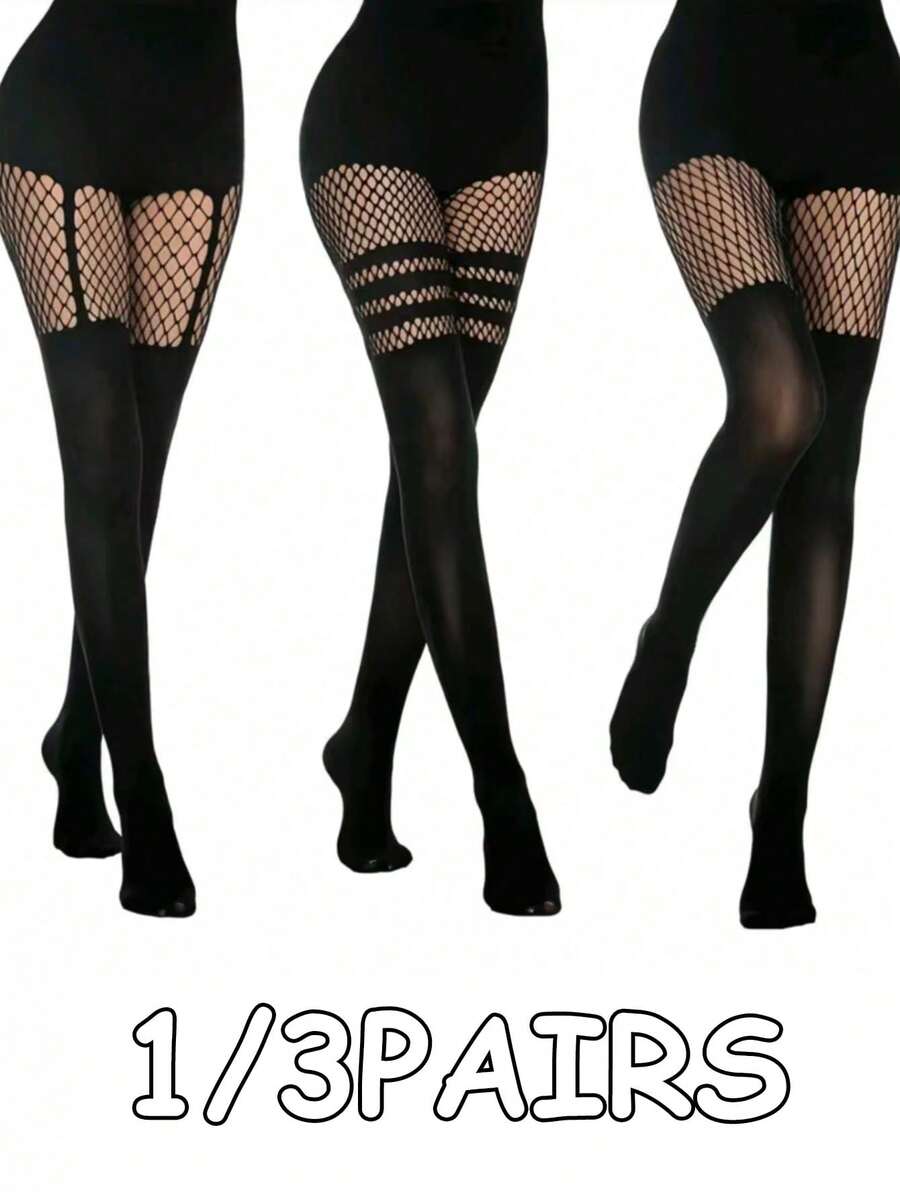 1/3雙性感鏤空舞 tights,密網絲襪,夜店女王黑色絲綢性感魚網襪 - 彩色 - 查看 1