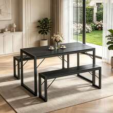 45.5" Dining Table Set For 4, Kitchen Table Set With 2 Benches,Christmas Gift And New Year Gift, Dining Room Table Set With Metal Frame & MDF Board, Space-Saving Dinette - 黑色 - 查看 10