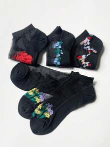 1/5 Pairs Random Women's Short Socks, Black Sheer Crystal Flower Embroidery Mesh Socks, Fashion Breathable Sweat-Absorbent Thin Socks For Spring And Summer, Best For Daily Wear - Multicolor - View 6