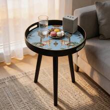 Mesa lateral redonda pequeña y moderna, mesa con bandeja decorativa con estampado de leopardo de la selva y patrón de ciervo, bandeja multifuncional para tocador y servicio, mesa lateral para otomana, mesa de café, cocina, baño, sala de estar, decoración del hogar - Negro - Ver 4