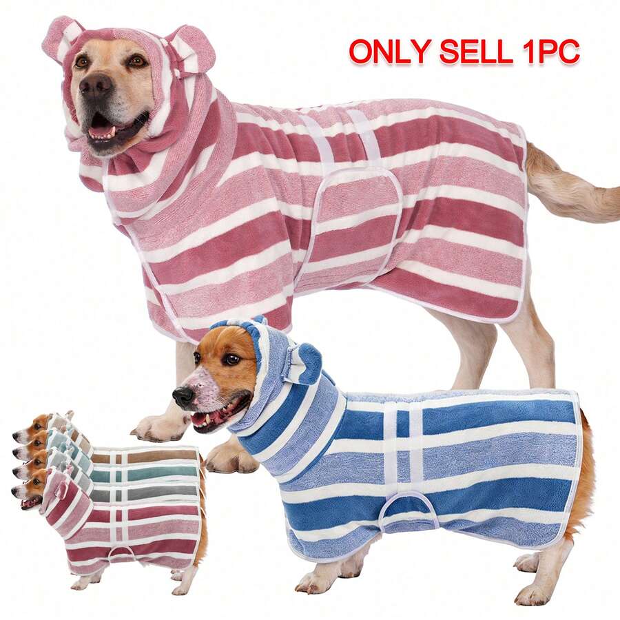 1pc Quick Drying Dog Bathrobe, Striped Rabbit Design, Absorbent Pet Bathrobe With Adjustable Waist Belt, Super Soft Material