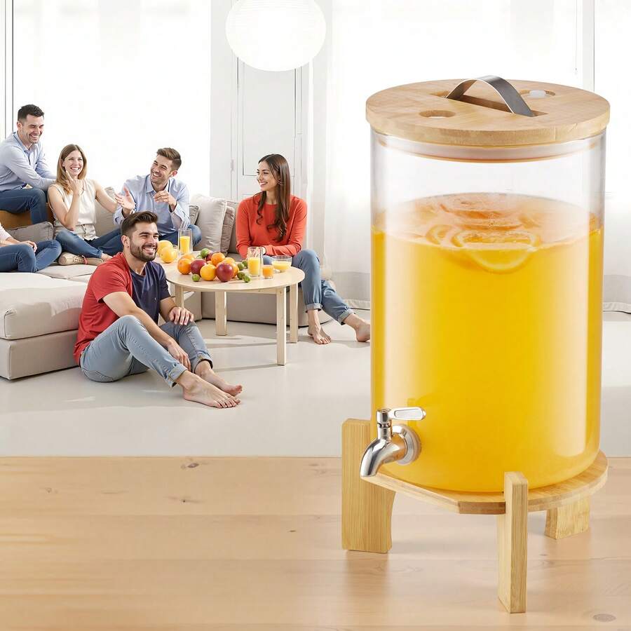 Dispenser per bevande, dispenser per bevande da 8L per feste, dispenser per succhi in vetro con supporto in legno, rubinetto in acciaio inossidabile, dispenser per tè freddo, limonata, succhi e acqua per feste - 8 litri - Visualizzare 1