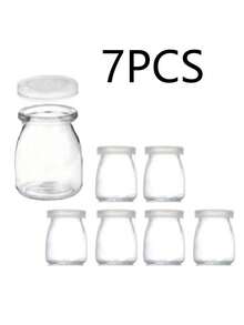 7pcs Reusable Transparent Glass Jars With PE Lids, Glass Storage Jars, Pudding Containers, Sauce Jars, Suitable For Yogurt, Pudding, Milk, Jam, Jelly, Mousse And Honey, Round Flip-Top Storage Containers, Kitchen Supplies, Perfect For Kitchen Organization - Multicolor - View 1