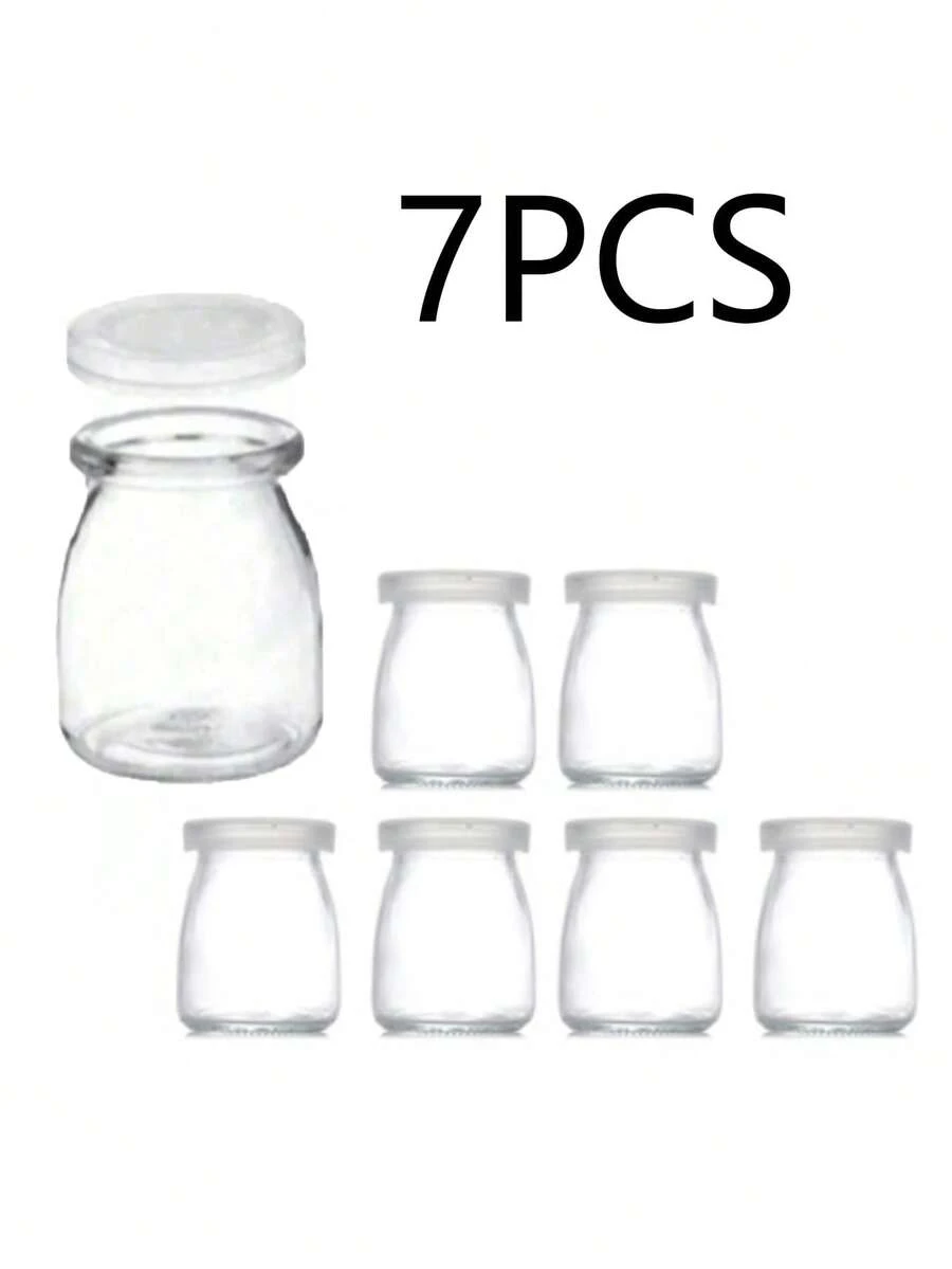 7pcs Reusable Transparent Glass Jars With PE Lids, Glass Storage Jars, Pudding Containers, Sauce Jars, Suitable For Yogurt, Pudding, Milk, Jam, Jelly, Mousse And Honey, Round Flip-Top Storage Containers, Kitchen Supplies, Perfect For Kitchen Organization - Multicolor - View 1