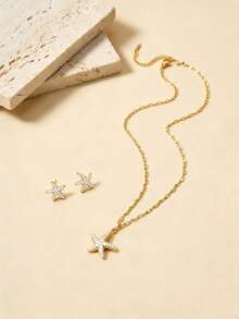 1 pieza Collar colgante elegante y exquisito de mujer con estrella de mar de acero inoxidable con circonita cúbica y strass completo, 1 pieza de pendientes de botón elegantes y exquisitos de mujer con estrella de mar de acero inoxidable con circonita cúbica y strass completo, adecuado para uso diario de mujer, vacaciones en la playa, playa de verano, reuniones, fiestas, regalos, regalo de cumpleaños para amigos, joyería de oro, disponible todo el año - Amarillo Oro - Ver 4