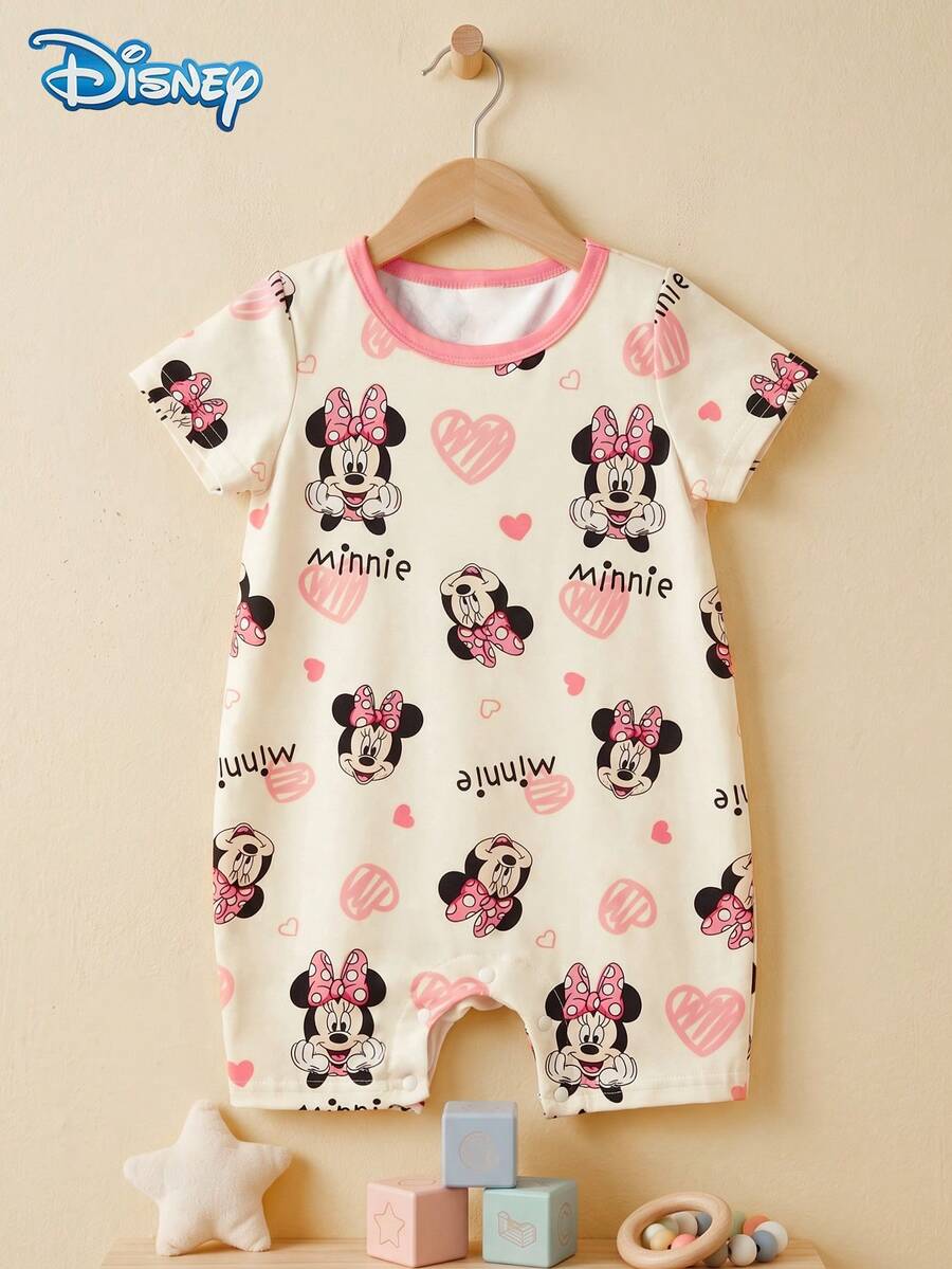 Disney 1件女嬰夏季可愛米妮愛心滿版印花開襟式連身衣 短袖短褲包屁衣 戶外兒童可愛柔軟舒適服飾 - 淺粉色 - 查看 1