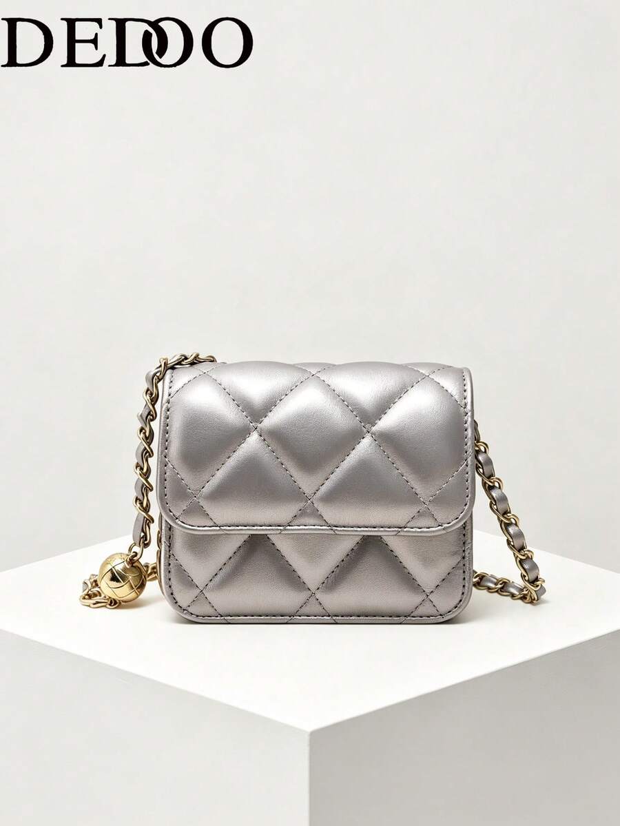 Dedoo Popular Spring/Summer Premium Quality Mini Lipstick Bag, Chain Shoulder Strap, Shoulder Or Underarm Dual Use - Silver - View 1