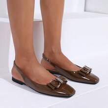 Minimalist Square Toe Slingback Flat Shoes, Brown Patent Leather With Crystal Bow, Versatile Women's Shoes For Commute And Daily Wear - Brown - View 4