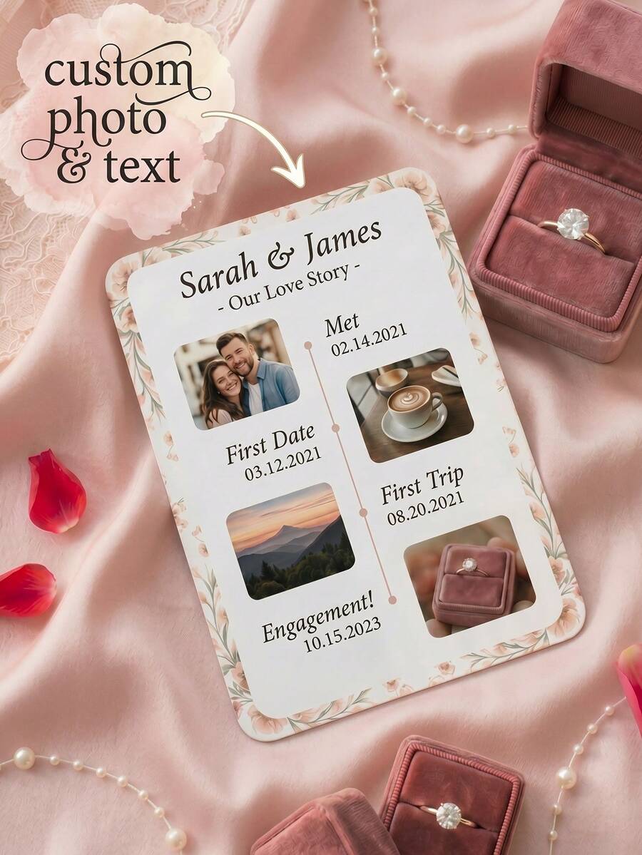1Pc Custom Love Story Timeline Card, Personalized Couple Photo & Text Card, Floral Design, Paper Material; Ideal For Anniversary, Valentine's Day, Engagement & Wedding Keepsakes, Custom Memory Card - Multicolor - View 1